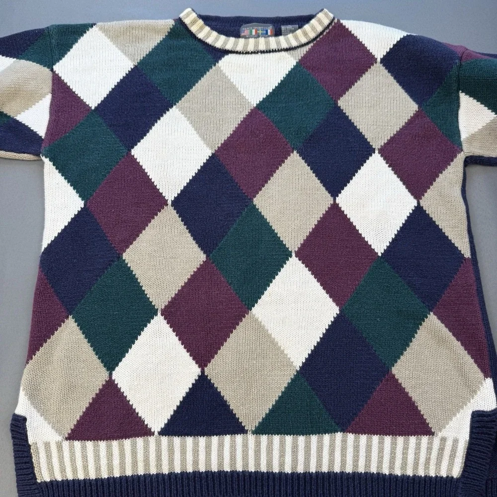 Paris Sport Club World Wide Vintage Argyle Striped Trim Pullover Sweater Men's M